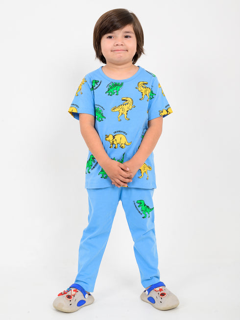 Jurassic Dinos Cotton Trouser Set (Sky Blue)