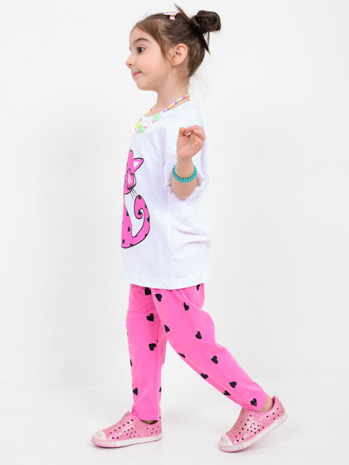 Heart Eyes Kitty Cotton Trouser Set (White-Pink)