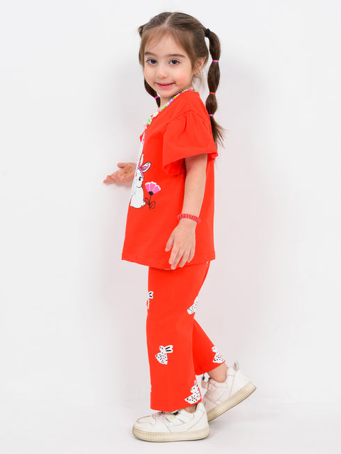 Snuggle Bunnies Frill Sleeve Cotton Trouser Set (Red)