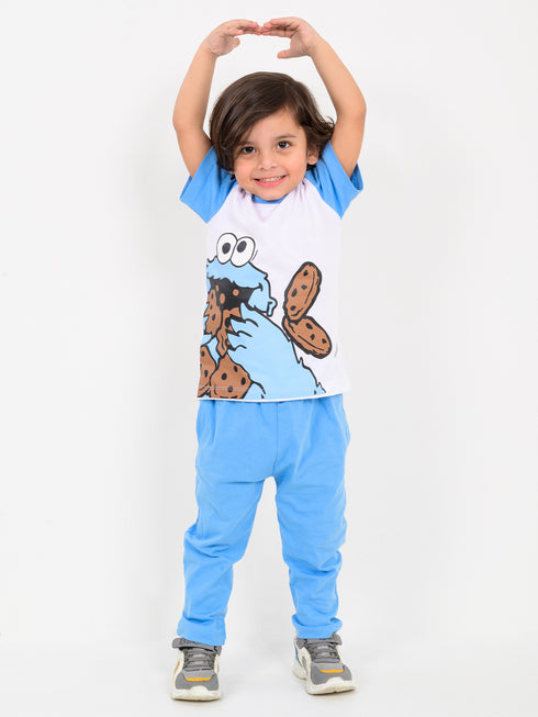 Cookie Monster Cotton Trouser Set (Blue-White)