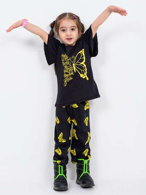 Butterfly Frill Sleeves Cotton Trouser Set (Black)