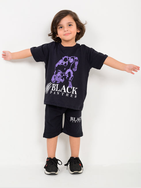Oversized Black Panther Cotton Short Set (Black)