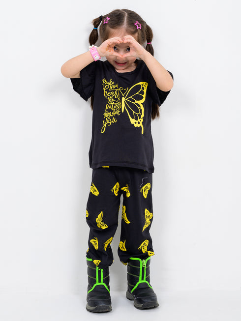 Butterfly Frill Sleeves Cotton Trouser Set (Black)