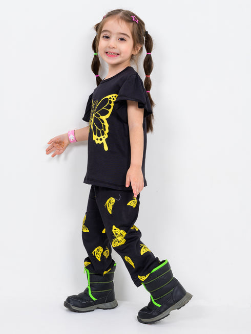 Butterfly Frill Sleeves Cotton Trouser Set (Black)