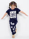 Floral Frill Sleeves Cotton Trouser Set (Navy)