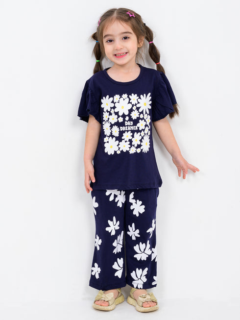 Floral Frill Sleeves Cotton Trouser Set (Navy)