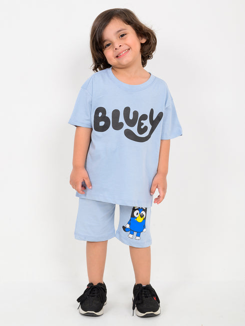 Oversized Bluey Themed Cotton Short Set (Blue)