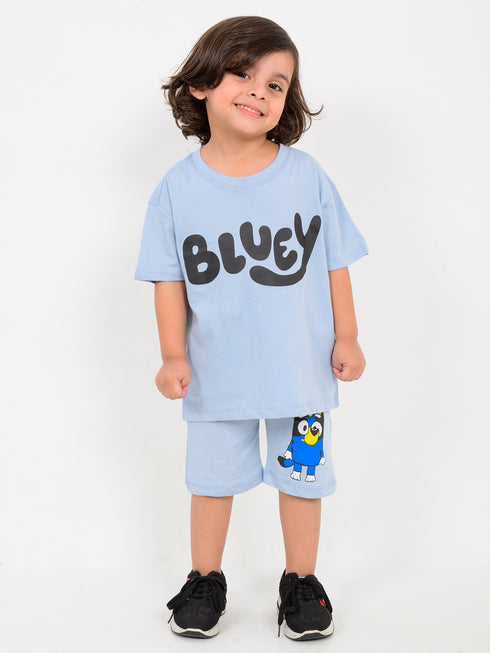 Oversized Bluey Themed Cotton Short Set (Blue)