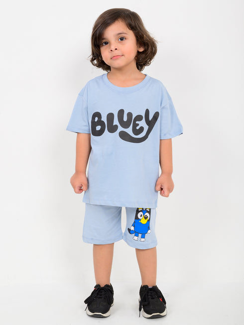 Oversized Bluey Themed Cotton Short Set (Blue)