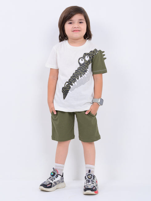 Croc-O-Style Cotton Short Set (White & Army Green)