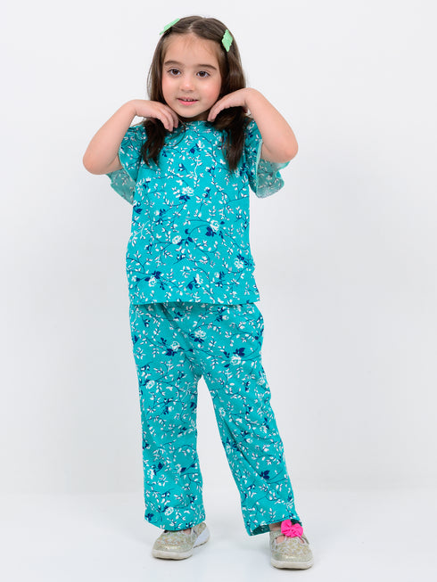 Frill Sleeves Floral Whimsy Cotton Trouser Set (Tropical Teal)