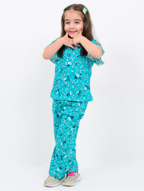 Frill Sleeves Floral Whimsy Cotton Trouser Set (Tropical Teal)