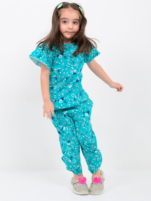 Frill Sleeves Floral Whimsy Cotton Trouser Set (Tropical Teal)