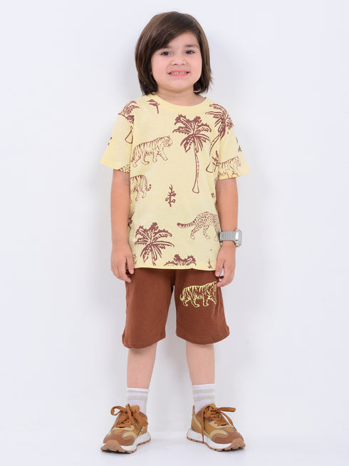 Tiny Safari Vibes Cotton Short Set (Palm Beige & Roar Rust)