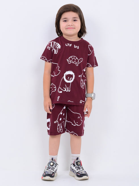 Jungle Buddies Cotton Short Set (Maroon)