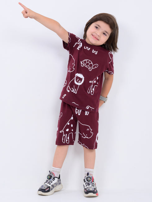 Jungle Buddies Cotton Short Set (Maroon)