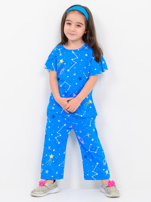 Frill Sleeves Galaxy Giggles Cotton Trouser Set (Galactic Blue)