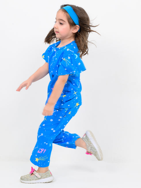 Frill Sleeves Galaxy Giggles Cotton Trouser Set (Galactic Blue)