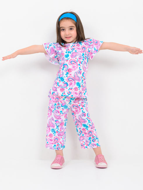 Frill Sleeves Daisy Doodle Cotton Trouser Set (Lilac Breeze)