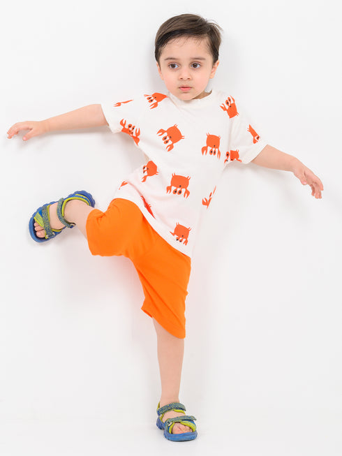 Crabby Cool Themed Cotton Short Set (White & Orange)