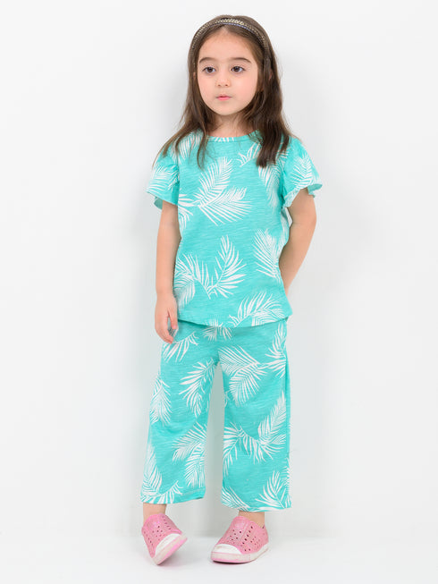 Frill Sleeves Tropical Themed Cotton Trouser Set (Mint Palm)