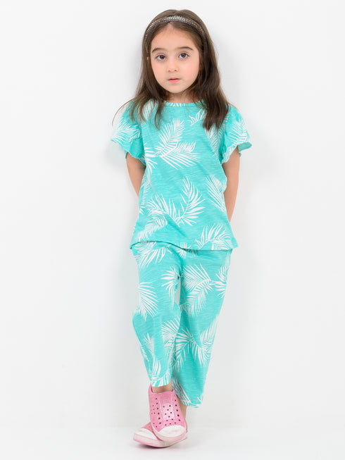 Frill Sleeves Tropical Themed Cotton Trouser Set (Mint Palm)
