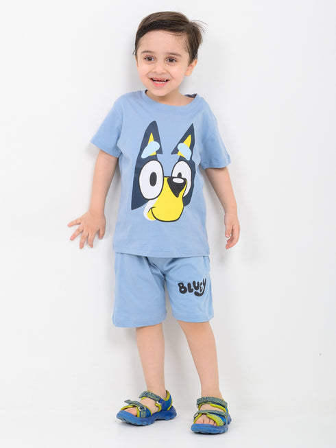 Bluey Themed Cotton Short Set (Blue-Grey)