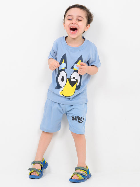 Bluey Themed Cotton Short Set (Blue-Grey)