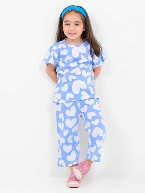 Frill Sleeves Hearts Themed Cotton Trouser Set (Sky Blue-White)