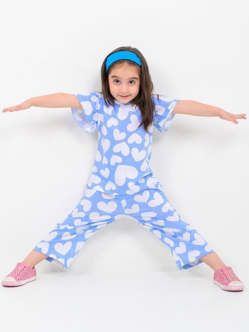 Frill Sleeves Hearts Themed Cotton Trouser Set (Sky Blue-White)