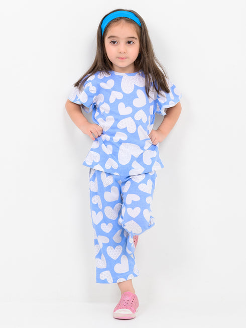 Frill Sleeves Hearts Themed Cotton Trouser Set (Sky Blue-White)