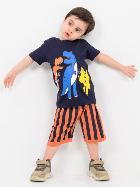 Dino Fun Striped Cotton Short Set (Navy Blue & Orange)