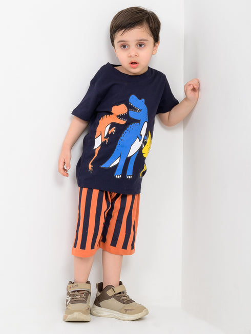 Dino Fun Striped Cotton Short Set (Navy Blue & Orange)
