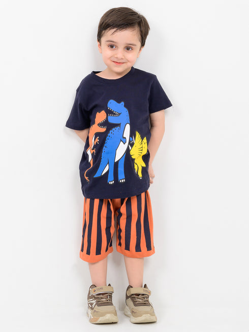 Dino Fun Striped Cotton Short Set (Navy Blue & Orange)