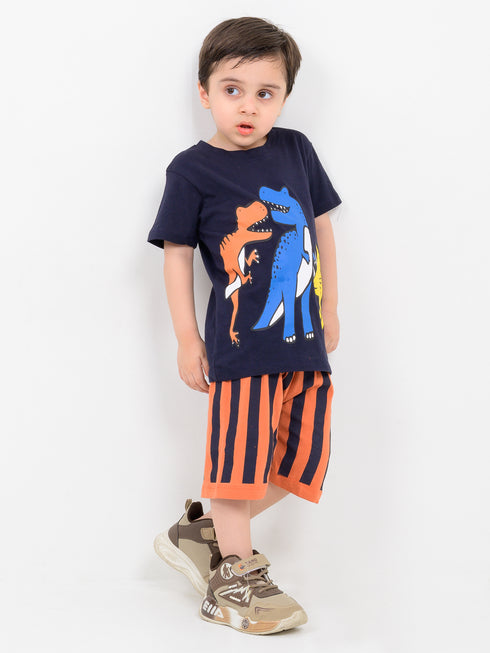 Dino Fun Striped Cotton Short Set (Navy Blue & Orange)