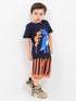 Dino Fun Striped Cotton Short Set (Navy Blue & Orange)