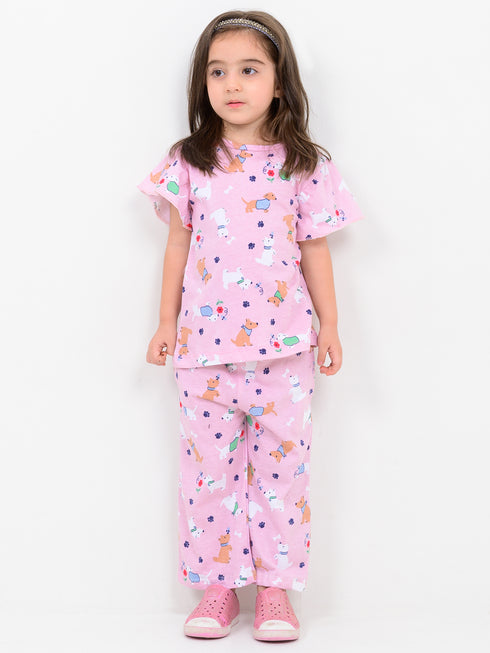 Frill Sleeves Puppy Themed Cotton Trouser Set (Light Pink)