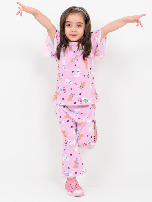 Frill Sleeves Puppy Themed Cotton Trouser Set (Light Pink)
