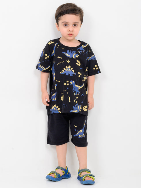 Oversized Dino In The Dark Cotton Short Set (Black)