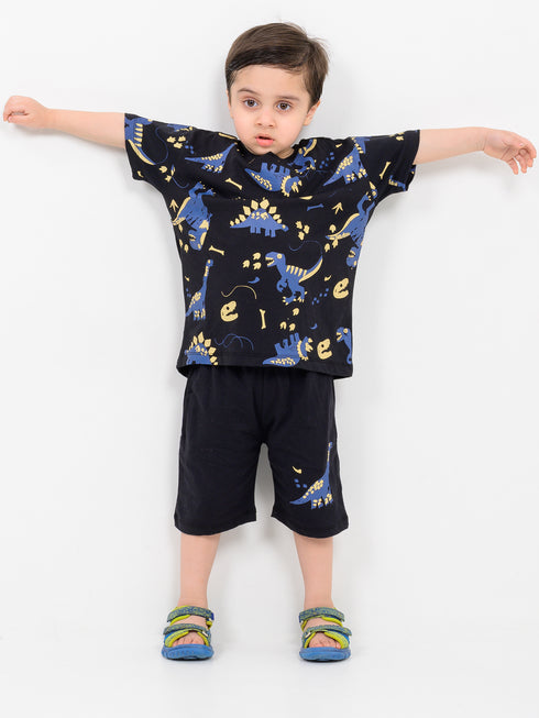Oversized Dino In The Dark Cotton Short Set (Black)