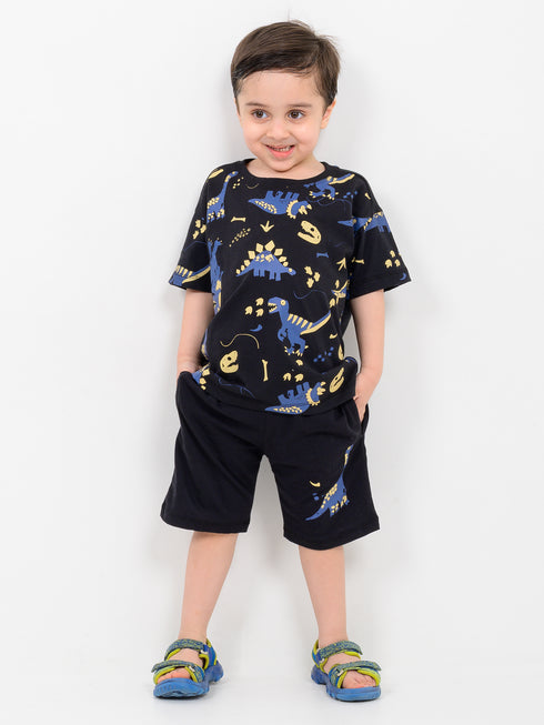 Oversized Dino In The Dark Cotton Short Set (Black)