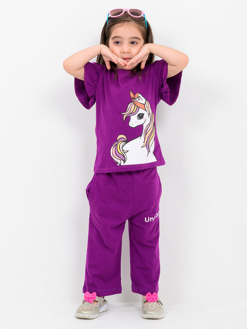 Frill Sleeves Unicorn Themed Cotton Trouser Set (Mulberry)