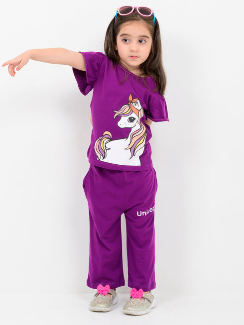 Frill Sleeves Unicorn Themed Cotton Trouser Set (Mulberry)