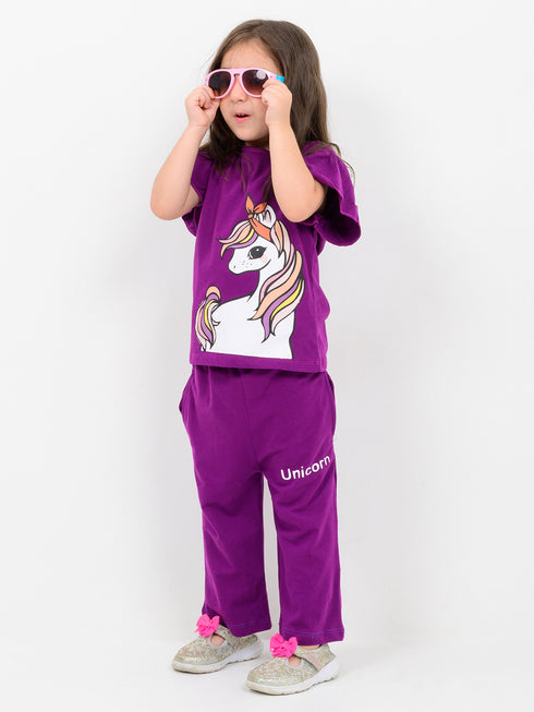 Frill Sleeves Unicorn Themed Cotton Trouser Set (Mulberry)