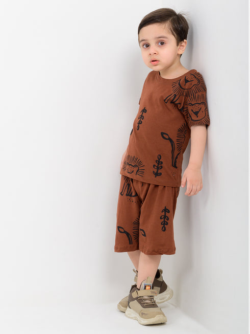 Lion Themed Cotton Short Set (Dark Brown)