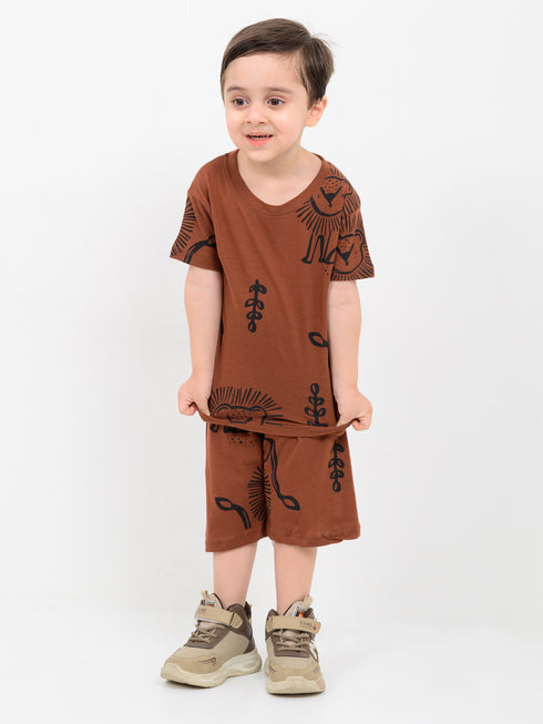 Lion Themed Cotton Short Set (Dark Brown)