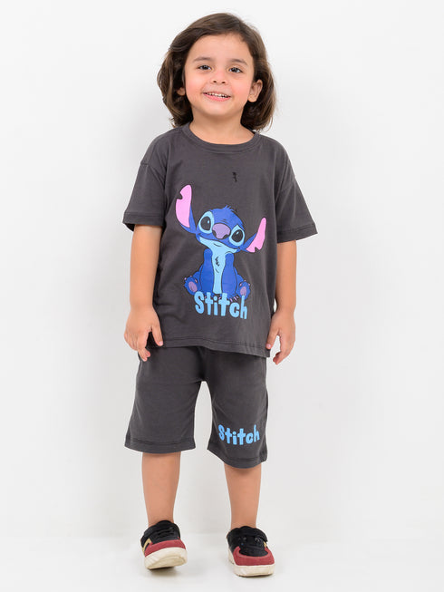 Oversized Stitch Themed Cotton Short Set (Charcoal Grey)