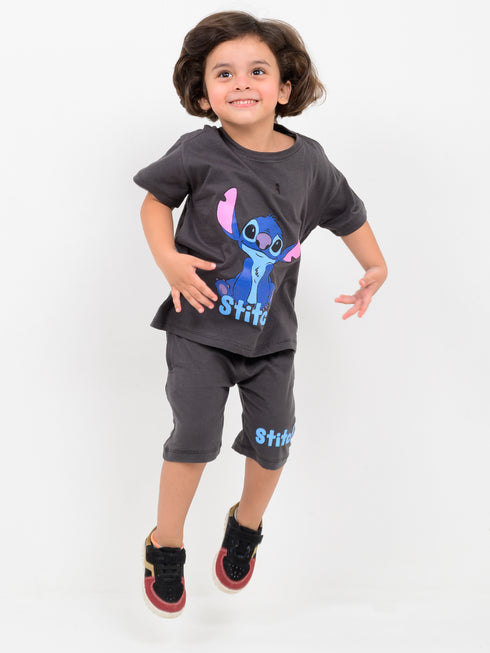 Oversized Stitch Themed Cotton Short Set (Charcoal Grey)