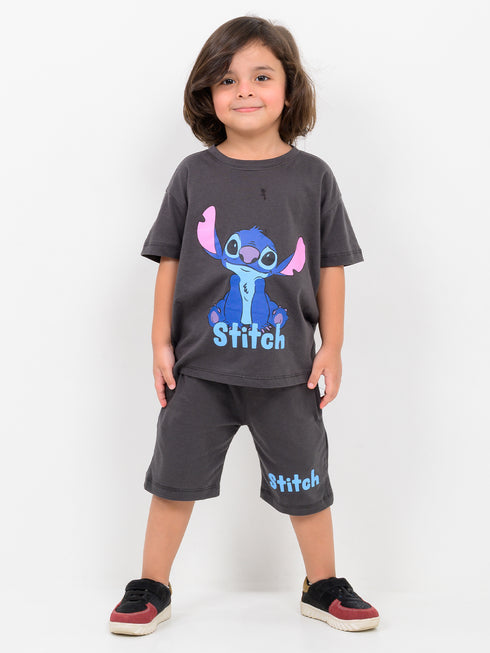 Oversized Stitch Themed Cotton Short Set (Charcoal Grey)