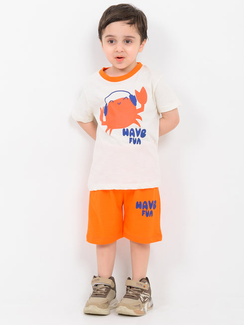 Crab Having Fun Cotton Short Set (White & Orange)